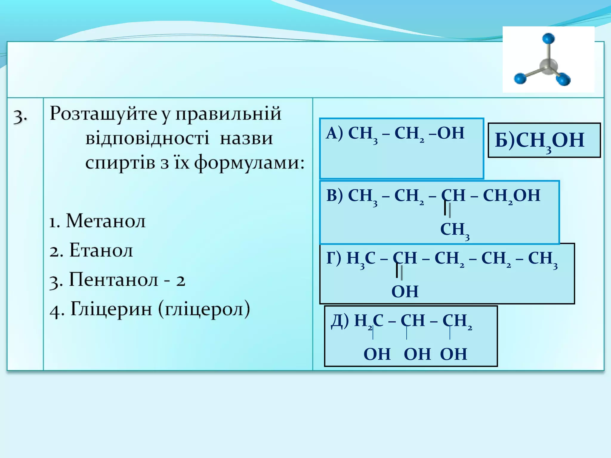 Б)СН3ОН 
А) СН3 – СН2 –ОН 
Г) Н3С – СН – СН2 – СН2 – СН3 
ОН 
А) С2Н5ОН 
В) СН3 – СН2 – СН – СН2ОН 
СН3 
Д) Н2С – СН – СН2 
ОН ОН ОН 
 
