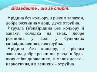 Відгадайте , що за спирт: 
рідина без кольору, з різким запахом, 
добре розчинна у воді, дуже отруйна. 
грузла (в’зка)рідина без кольору й 
запаху, солодка на смак, добре 
розчинна у воді у будь-яких 
співвідношеннях, неотруйна. 
рідина без кольору, з різким 
запахом, добре розчинна у воді в будь- 
яких співвідношеннях, в малих дозах – 
наркотична, а в великих – отруйна. 
 
