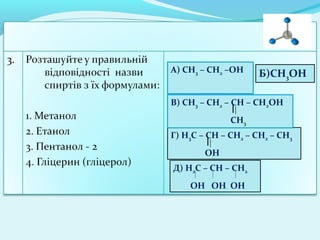 Б)СН3ОН 
А) СН3 – СН2 –ОН 
Г) Н3С – СН – СН2 – СН2 – СН3 
ОН 
А) С2Н5ОН 
В) СН3 – СН2 – СН – СН2ОН 
СН3 
Д) Н2С – СН – СН2 
ОН ОН ОН 
 