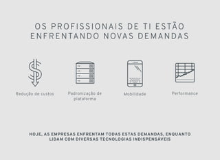 OS P RO FI SSIONAI S DE TI ESTÃOOS P RO FI SSIONAI S DE TI ESTÃO
E NF REN TAND O N OVAS DEMANDASE NF REN TAND O N OVAS DEMANDAS
HOJE, AS EMPRESAS ENFRENTAM TODAS ESTAS DEMANDAS, ENQUANTOHOJE, AS EMPRESAS ENFRENTAM TODAS ESTAS DEMANDAS, ENQUANTO
LIDAM COM DIVERSAS TECNOLOGIAS INDISPENSÁVEISLIDAM COM DIVERSAS TECNOLOGIAS INDISPENSÁVEIS
Redução de custos Padronização de
plataforma
Mobilidade Performance
 