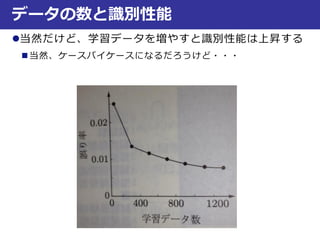 当然だけど、学習データを増やすと識別性能は上昇する
 当然、ケースバイケースになるだろうけど・・・
データの数と識別性能
 