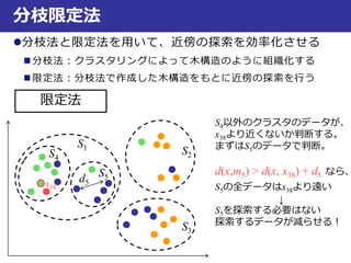 分枝限定法
分枝法と限定法を用いて、近傍の探索を効率化させる
 分枝法：クラスタリングによって木構造のように組織化する
 限定法：分枝法で作成した木構造をもとに近傍の探索を行う
限定法
S4以外のクラスタのデータが、
x38より近くないか判断する。
まずはS5のデータで判断。
d(x,m5) > d(x, x38) + d5 なら、
S5の全データはx38より遠い
↓
S5を探索する必要はない
探索するデータが減らせる！
S1
S2
S3
S4
x38
S5d5
 