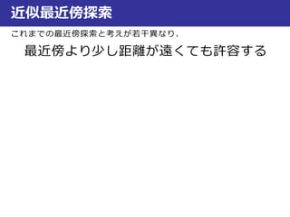 近似最近傍探索
これまでの最近傍探索と考えが若干異なり、
最近傍より少し距離が遠くても許容する
 