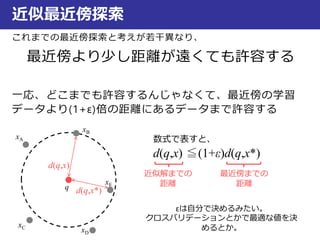 近似最近傍探索
これまでの最近傍探索と考えが若干異なり、
最近傍より少し距離が遠くても許容する
一応、どこまでも許容するんじゃなくて、最近傍の学習
データより(1+ε)倍の距離にあるデータまで許容する
xA
xB
xC
xD
xE
数式で表すと、
d(q,x) ≦(1+ε)d(q,x*)
q
近似解までの
距離
最近傍までの
距離
d(q,x*)
d(q,x)
εは自分で決めるみたい。
クロスバリデーションとかで最適な値を決
めるとか。
 