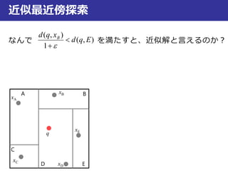 近似最近傍探索
なんで を満たすと、近似解と言えるのか？
xA
xB
xC
xD
xE
q
A B
C
D E
),(
1
),(
Eqd
xqd B


 