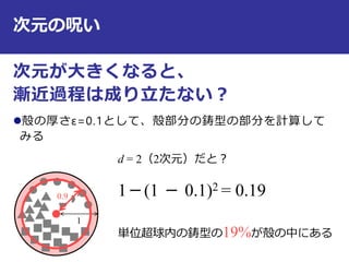 次元の呪い
次元が大きくなると、
漸近過程は成り立たない？
殻の厚さε=0.1として、殻部分の鋳型の部分を計算して
みる
11
0.9
d = 2（2次元）だと？
1－(1 － 0.1)2 = 0.19
単位超球内の鋳型の19%が殻の中にある
 