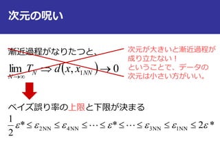 次元の呪い
  0,lim 1 

NNN
N
xxdT
*2**
2
1
NN1NN3NN4NN2   
漸近過程がなりたつと、
ベイズ誤り率の上限と下限が決まる
次元が大きいと漸近過程が
成り立たない！
ということで、データの
次元は小さい方がいい。
 