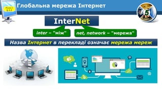Глобальна мережа ІнтернетРозділ 2
§ 2.2
InterNet
inter – "між" net, network – "мережа"
Назва Інтернет в перекладі означає мережа мереж
 