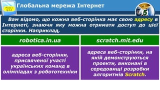Глобальна мережа ІнтернетРозділ 2
§ 2.2
Вам відомо, що кожна веб-сторінка має свою адресу в
Інтернеті, знаючи яку можна отримати доступ до цієї
сторінки. Наприклад,
robotica.in.ua scratch.mit.edu
адреса веб-сторінки,
присвяченої участі
українських команд в
олімпіадах з робототехніки
адреса веб-сторінки, на
якій демонструються
проекти, виконані в
середовищі розробки
алгоритмів Scratch.
 