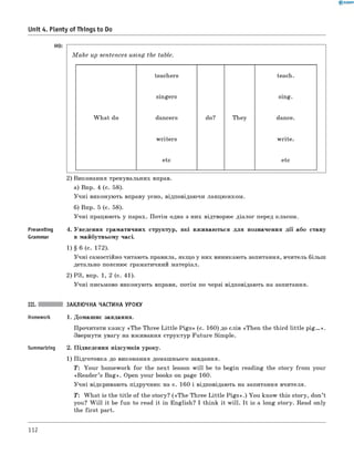 Unit 4. Plenty of Things to Do
HO:
M a k e up sentences using the table.
teachers teach.
singers sing.
W hat do dancers do? They dance.
writers write.
etc etc
2) Виконання тренувальних вправ.
а) Впр. 4 (с. 58).
Учні виконують вправу усно, відповідаючи ланцюжком.
б) Впр. 5 (с. 58).
Учні працюють у парах. Потім одна з них відтворює діалог перед класом.
Presenting 4. Уведення граматичних структур, які вживаються для позначення д ії або стану
Grammar в майбутньому часі.
1) § 6 (с. 172).
Учні самостійно читають правила, якщо у них виникають запитання, вчитель більш
детально пояснює граматичний матеріал.
2) РЗ, впр. 1, 2 (с. 41).
Учні письмово виконують вправи, потім по черзі відповідають на запитання.
III. ЗАКЛЮЧНА ЧАСТИНА УРОКУ
Homework 1. Домашнє завдання.
Прочитати казку «The Three Little P igs» (с. 160) до слів «Then the third little p ig . » .
Звернути увагу на вживання структур Future Simple.
Summarizing 2. Підведення підсумків уроку.
1) Підготовка до виконання домашнього завдання.
T: Your homework for the next lesson w ill be to begin reading the story from your
«R eader’s B ag». Open your books on page 160.
Учні відкривають підручник на с. 160 і відповідають на запитання вчителя.
T: W hat is the title of the story? («T h e Three Little P ig s ».) You know this story, don’t
you? W ill it be fun to read it in English? I think it will. It is a long story. Read only
the first part.
112
 