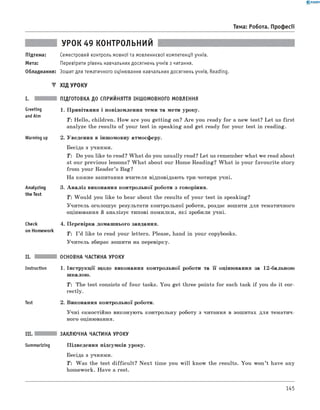 0 - R A N O K
Тема: Робота. Професії
УРОК 49 КОНТРОЛЬНИЙ
Підтема: Семестровий контроль мовної та мовленнєвої компетенції учнів.
Мета: Перевірити рівень навчальних досягнень учнів з читання.
Обладнання: Зошит для тематичного оцінювання навчальних досягнень учнів, Reading.
▼ ХІД УРОКУ
І.
Greeting
andAim
Warming up
Analyzing
the Test
check
on Homework
ПІДГОТОВКА ДО СПРИЙНЯТТЯ ІНШОМОВНОГО МОВЛЕННЯ
1. Привітання і повідомлення теми та мети уроку.
Т: Hello, children. How are you getting on? A re you ready for a new test? Let us first
analyze the results of your test in speaking and get ready for your test in reading.
2. Уведення в іншомовну атмосферу.
Бесіда з учнями.
T: Do you like to read? W hat do you usually read? Let us remember what we read about
at our previous lessons? W hat about our Home Reading? W hat is your favourite story
from your Reader’s Bag?
На кожне запитання вчителя відповідають три-чотири учні.
3. А наліз виконання контрольної роботи з говоріння.
Т : W ould you like to hear about the results of your test in speaking?
Учитель оголошує результати контрольної роботи, роздає зошити для тематичного
оцінювання й аналізує типові помилки, які зробили учні.
4. Перевірка домашнього завдання.
T: I ’d like to read your letters. Please, hand in your copybooks.
Учитель збирає зошити на перевірку.
II.
Instruction
Test
ОСНОВНА ЧАСТИНА УРОКУ
1 . Інструкції щодо виконання контрольної роботи та її оцінювання за 12-бальною
шкалою.
T: The test consists of four tasks. You get three points for each task if you do it cor­
rectly.
2. Виконання контрольної роботи.
Учні самостійно виконують контрольну роботу з читання в зошитах для тематич­
ного оцінювання.
III. ЗАКЛЮЧНА ЧАСТИНА УРОКУ
Summarizing Підведення підсумків уроку.
Бесіда з учнями.
T: Was the test difficult? N ext time you w ill know the results. You won’t have any
homework. Have a rest.
145
 