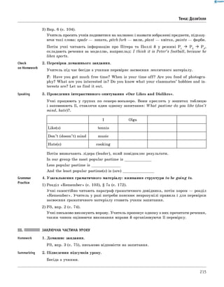 0 -R A N O K
Тема: Дозвілля
3) Впр. 6 (с. 104).
Учитель просить учнів подивитися на малюнок і назвати зображені предмети, підказу­
ючи такі слова: spade — лопата, pitch-fork — вили, plant — квітка, paints — фарби.
Потім учні читають інформацію про Пітера та П оллі й у режимі P 1 ^ P 2 ^ P 3,
складають речення за моделлю, наприклад: I think it is Peter’s football, because he
likes sports.
Check 2. Перевірка домашнього завдання.
on Homework ,, .
Учитель під час бесіди з учнями перевіряє засвоєння лексичного матеріалу.
T : Have you got much free time? When is your time o ff? A re you fond of photogra­
phy? W hat are you interested in? Do you know what your classmates’ hobbies and in­
terests are? Let us find it out.
Speaking 3. Проведення інтерактивного опитування «Our Likes and Dislikes».
Учні працюють у групах по семеро-восьмеро. Вони креслять у зошитах таблицю
і заповнюють її, ставлячи один одному запитання: What pastime do you like (don’t
mind, hate)?.
I Olga
Like(s) tennis
Don’t (doesn’t) mind music
Hate(s) cooking
Потім визначають лідера (leader), який повідомляє результати.
In our group the most popular pastime i s ________________
Less popular pastime i s _________________
And the least popular pastime(s) is (a r e )_________________
Grammar 4. Узагальнення граматичного матеріалу: вживання структури to be going to.
1) Розділ «Rem em ber» (с. 103), § 7а (с. 172).
Учні самостійно читають параграф граматичного довідника, потім хором — розділ
«Rem em ber». Учитель у разі потреби пояснює незрозумілі правила і для перевірки
засвоєння граматичного матеріалу ставить учням запитання.
2) РЗ, впр. 2 (с. 74).
Учні письмово виконують вправу. Учитель пропонує одному з них прочитати речення,
таким чином оцінюючи виконання вправи й організовуючи її перевірку.
III. ЗАКЛЮЧНА ЧАСТИНА УРОКУ
Homework 1. Домашнє завдання.
РЗ, впр. 3 (с. 75), письмово відповісти на запитання.
Summarizing 2. Підведення підсумків уроку.
Бесіда з учнями.
215
 