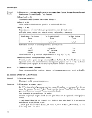 0 -R A N O K
Introduction
Grammar 2. Повторення і систематизація граматичного м атеріалу (часові форми дієслова Present
Practice Continuous, Presen t Sim ple, Past Sim ple).
1) Впр. 1а, b (с. 6).
У ч н і самостійно читають довідковий матеріал.
2) Впр. 2 (с. 6).
У ч н і ланцю ж ком складаю ть речення за допомогою таблиці.
3) Впр. 3 (с. 6).
Індивідуальна робота учнів з диф еренціації часових форм дієслова.
а) У ч н і в зош ити записую ть номери речень у відповідні стовпчики.
The Present Continuous
Tense
The Present Sim ple
Tense
The Past Sim ple
Tense
2, 6
9
7,
3,
1
4, 5, 8
б) У ч и тель записує на дош ці граматичні форми дієслів.
w ent am goin g was
played isn ’t sleeping are
washes don’t do have
У ч н і записую ть їх у зош итах у три стовпчики, як у впр. 3 (с. 6).
4) Відпрацювання повторених форм дієслів.
У чи тель поділяє учнів на три команди (Team A , Team B, Team C). Кож на з них
протягом п ’яти-семи хвилин виконує на окремих аркуш ах впр. 4, 5, 6 (с. 7). Потім
команди здають аркуш і. П ісля перевірки учитель називає переможця.
Writing 3. Тренування учнів у письмі.
Доки вчитель перевіряє командну роботу, учні письмово виконують впр. 3 (с. 2) в РЗ.
III. ЗАКЛЮЧНА ЧАСТИНА УРОКУ
Homework 1. Д омаш нє завдання.
РЗ, впр. 4 (с. 3), записати запитання.
Summarizing 2. П ідведення підсумків уроку.
T: W e ’ve done a lot o f gram m ar exercises today. W e ’ve had tw o contests. N ow let me
name the winners. The best P roject W ork was... A s fo r our Team W ork the fir s t place
goes t o . the second t o . and Team ... comes the third.
A n d now en joy a joke and m ind the tenses.
У ч и тель переказує ж артівливий діалог, учн і слухаю ть і передають зм іст рідною
мовою.
A n old Lady: W h y are you carryin g that um brella over your head? It is not raining
and the sun is not shining either.
A sm all g ir l: You see when it rains, Pa wants it, when it shines, M a wants it, so now
is the only tim e I can use it.
22
 