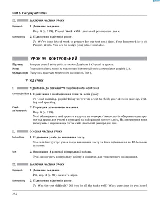Unit 8. Everyday Activities
ЗАКЛЮЧНА ЧАСТИНА УРОКУ
1. Домашнє завдання.
впр. 8 (с. 129), Project W ork «М ій ідеальний розпорядок дня».
2. Підведення підсумків уроку.
T: W e ’ve done lots of work to prepare for our test next time. Your homework is to do
Project W ork. You are to design your ideal timetable.
Summarizing
УРОК 95 КОНТРОЛЬНИЙ
Підтема: Контроль знань і вмінь учнів за темами «Дозвілля» й «У школі та вдома».
Мета: Перевірити рівень мовної та мовленнєвої компетенції учнів за матеріалом розділів 7,
Обладнання: Підручник, зошит для тематичного оцінювання, Тест 6.
▼ ХІД УРОКУ
I. ПІДГОТОВКА ДО СПРИЙНЯТТЯ ІНШОМОВНОГО МОВЛЕННЯ
Greeting andAim 1. Привітання і повідомлення теми та мети уроку.
T : Good morning, pupils! Today w e’ll w rite a test to check your skills in reading, w rit­
ing and speaking.
check
on Homework
2. Перевірка домашнього завдання.
впр. 8 (с. 129).
Учні обговорюють свої проекти в групах по четверо-п’ятеро, потім обирають один про­
ект від групи для участі в конкурсі на найкращий проект класу. На завершення вони
голосують, і переможець читає свій ідеальний розпорядок дня.
II. ОСНОВНА ЧАСТИНА УРОКУ
Instructions 1. Підготовка учнів до виконання тесту.
Учитель інструктує учнів щодо виконання тесту та його оцінювання за 12-бальною
шкалою.
Test 2. Виконання 4-рівневої контрольної роботи.
Учні виконують контрольну роботу в зошитах для тематичного оцінювання.
ЗАКЛЮЧНА ЧАСТИНА УРОКУ
1. Домашнє завдання.
РЗ, впр. 3 (с. 94), вивчити вірш.
Summarizing 2. Підведення підсумків уроку.
T: Was the test difficult? Did you do all the tasks well? W hat questions do you have?
254
 