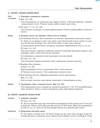 0 -R A N O K
ОСНОВНА ЧАСТИНА УРОКУ
1. П еревірка дом аш нього завдання.
1) Впр. 2 (с. 20).
У ч н і відповідають на запитання про термін к а н ік ул у В еликій Британії, читають
і перекладаю ть текст. У ч и тель оціню є роботу одного-двох учнів.
2) РЗ, впр. 1— 7 (с. 12— 13).
У ч н і подають календарі, я к і вони зробили вдома. У чи тель оціню є роботи і визначає
кращ у.
Reading 2. П одання тексту д ля читання «N a n c y Goes to S ch ool».
1) Pre-R eadin g A c tiv ity . Етап підготовки до читання. Виконання підготовчих вправ.
T : Today we are goin g to read a tex t about a g irl who wanted to go to school. In sum­
m er she did lots o f things. Y ou w ill tell me about it a fter some training.
а) Закріплення граматичного матеріалу: вживання прийменників часу in , o n , a t.
РЗ, впр. 1 (с. 13).
У ч н і розглядаю ть таблицю в робочому зош иті й письмово виконую ть вправу. Д ля
перевірки один з учнів читає вголос речення.
б) А кти візац ія в м овленні учнів модального дієслова should.
РЗ, впр. 2 (с. 14).
У ч н і виконую ть вправу письмово, потім ланцю ж ком читають речення.
2) Reading. Етап читання.
а) Впр. 1 (с. 22).
Прослуховування тексту в аудіозапису або з голосу вчителя.
б) Ч итання тексту вголос. У ч н і ланцю ж ком читають текст.
3) Post-R eading A c tiv ity . П еревірка розуміння зм істу прочитаного.
Впр. 2 (с. 23).
У ч н і по черзі ставлять один одному запитання та відповідають на них.
Speaking 3. Тренування учнів у переказі тексту. Впр. 3 (с. 23).
У ч н і переказують текст з опорою на малю нки в реж имі P 1* P 2 * P 3(кож ний описує
один малю нок). Х тось з учнів за баж анням подає свій переказ повністю.
Тема: Знов до школи
Check
on Homework
III. ЗАКЛЮЧНА ЧАСТИНА УРОКУ
Homework 1. Домаш нє завдання.
РЗ, впр. 3 (с. 14).
T : Do you rem em ber your last week before the beginning o f the school year? It was not
so long ago. Please, w rite w hat you did each day o f that week. M ind your prepositions
o f tim e in , on, at. A n d use the Past Sim ple because you describe past events.
Summarizing 2. П ідведення підсумків уроку.
T: Our lesson is alm ost over. I ’d like to thank you fo r your work and g iv e m arks fo r
recitin g the poem, reading the story «N a n cy Goes to School» and fo r retellin g it. I hope
49
 
