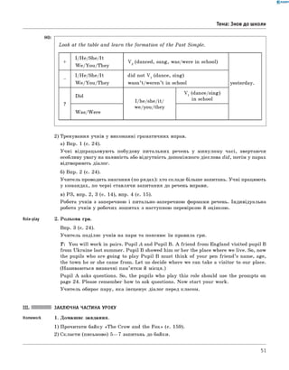 0 -R A N O K
Тема: Знов до школи
Look at the table and learn the fo rm a tion o f the Pa st Sim ple.
+
I/He/She/It
W e/You /Th ey
V 2 (danced, sang, was/were in school)
-
I/He/She/It
W e/You /Th ey
did not V 1 (dance, sing)
wasn’t/w eren’t in school yesterday.
?
Did
I/he/she/it/
V 1 (dance/sing)
in school
W as/W ere
we/you/they
2) Тренування учнів у виконанні граматичних вправ.
а) Впр. 1 (с. 24).
У ч н і відпрацьовую ть побудову п и тальн и х речень у м и н уло м у часі, звертаю чи
особливу увагу на наявність або відсутність допоміж ного дієслова d id , потім у парах
відтворюють діалог.
б) Впр. 2 (с. 24).
У чи тель проводить змагання (по рядах): хто складе більш е запитань. У ч н і працюють
у командах, по черзі ставлячи запитання до речень вправи.
в) РЗ, впр. 2, 3 (с. 14), впр. 4 (с. 15).
Робота учнів з заперечною і питально-заперечною формами речень. Індивідуальна
робота учнів у робочих зош итах з наступною перевіркою й оцінкою.
Role-play 2. Рольов а гра.
Впр. 3 (с. 24).
У чи тель поділяє учнів на пари та пояснює їм правила гри.
T: Y ou w ill work in pairs. Pu pil A and Pu pil B. A frien d from England visited pupil B
from U kraine last summer. Pu pil B showed him or her the place where we live. So, now
the pupils who are goin g to play Pu pil B must think o f your pen frie n d ’s name, age,
the town he or she came from . L et us decide w here we can take a visito r to our place.
(Називаю ться визначні пам ’ятки й м ісц я.)
P u pil A asks questions. So, the pupils who play this role should use the prom pts on
page 24. Please rem em ber how to ask questions. N ow start your work.
У чи тель обирає пару, яка інсценує діалог перед класом.
III. ЗАКЛЮЧНА ЧАСТИНА УРОКУ
Homework 1. Домаш нє завдання.
1) Прочитати байку «T h e Crow and the F o x » (c. 159).
2) Скласти (письмово) 5— 7 запитань до байки.
51
 
