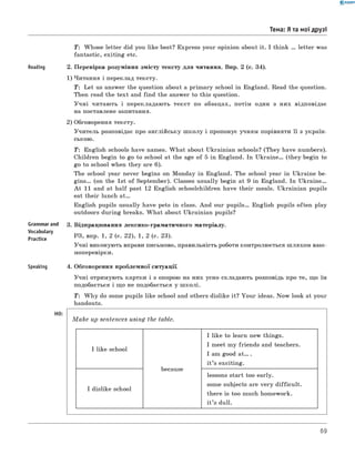 0 -R A N O K
Тема: Я та мої друзі
T: Whose letter did you like best? Express your opinion about it. I think ... letter was
fantastic, exiting etc.
Reading 2. Перевірка розуміння змісту тексту для читання. Впр. 2 (с. 34).
1) Читання і переклад тексту.
T: Let us answer the question about a primary school in England. Read the question.
Then read the text and find the answer to this question.
Учні читають і перекладають текст по абзацах, потім один з них відповідає
на поставлене запитання.
2) Обговорення тексту.
Учитель розповідає про англійську ш колу і пропонує учням порівняти її з україн-
Grammar and
Vocabulary
Practice
Speaking
T: English schools have names. W hat about Ukrainian schools? (They have numbers).
Children begin to go to school at the age of 5 in England. In U k rain e. (they begin to
go to school when they are 6 ).
The school year never begins on Monday in England. The school year in Ukraine be­
g in s . (on the 1st of September). Classes usually begin at 9 in England. In U k rain e.
A t 11 and at half past 12 English schoolchildren have their meals. Ukrainian pupils
eat their lunch a t .
English pupils usually have pets in class. And our p u p ils. English pupils often play
outdoors during breaks. W hat about Ukrainian pupils?
3. Відпрацювання лексико-граматичного матеріалу.
РЗ, впр. 1, 2 (с. 22), 1, 2 (с. 23).
Учні виконують вправи письмово, правильність роботи контролюється шляхом взає­
моперевірки.
4. Обговорення проблемної ситуації.
Учні отримують картки і з опорою на них усно складають розповідь про те, що їм
подобається і що не подобається у ш колі.
T: W h y do some pupils like school and others dislike it? Your ideas. Now look at your
handouts.
HO:
M a k e up sentences using the table.
I like to learn new things.
I like school
I meet my friends and teachers.
I am good a t . .
because
it ’s exciting.
lessons start too early.
I dislike school
some subjects are very difficult.
there is too much homework.
it ’s dull.
69
 