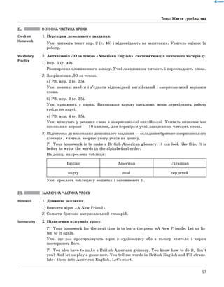 0 - R A N O K
Тема: Життя суспільства
Check on
Homework
Vocabulary
Practice
ОСНОВНА ЧАСТИНА УРОКУ
1. Перевірка домашнього завдання.
Учні читають текст впр. 2 (с. 48) і відповідають на запитання. Учитель оцінює їх
роботу.
2. Активізація ЛО за темою «Am erican English», систематизація вивченого матеріалу.
1) Впр. 6 (с. 49).
Розширення словникового запасу. Учні ланцюжком читають і перекладають слова.
2) Закріплення ЛО за темою.
а) РЗ, впр. 2 (с. 35).
Учні повинні знайти і з ’єднати відповідний англійський і американський варіанти
слова.
б) РЗ, впр. 3 (с. 35).
Учні працюють у парах. Виконавши вправу письмово, вони перевіряють роботу
сусіда по парті.
в) РЗ, впр. 4 (с. 35).
Учні вписують у речення слова з американської англійської. Учитель визначає час
виконання вправи — 1 0 хвилин, для перевірки учні ланцюжком читають слова.
3) Підготовка до виконання домашнього завдання — складання британо-американського
глосарія. Учитель звертає увагу учнів на дошку.
T: Your homework is to make a British-American glossary. It can look like this. It is
better to write the words in the alphabetical order.
На дошці накреслена таблиця:
British American Ukrainian
angry mad сердитий
Учні креслять таблицю у зошитах і заповнюють її.
III. ЗАКЛЮЧНА ЧАСТИНА УРОКУ
Homework 1. Домашнє завдання.
1) Вивчити вірш «A New Friend».
2) Скласти британо-американський глосарій.
Summarizing 2. Підведення підсумків уроку.
T : Your homework for the next time is to learn the poem «A New Friend». Let us lis­
ten to it again.
Учні ще раз прослуховують вірш в аудіозапису або з голосу вчителя і хором
повторюють його.
T: You also have to make a British-American glossary. You know how to do it, don’t
you? And let us play a game now. You tell me words in British English and I ’ll «trans­
late» them into American English. L et’s start.
97
 