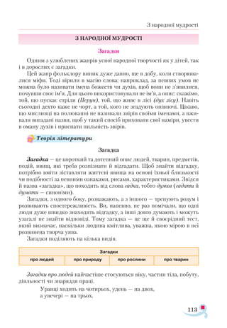 113
З народної мудрості
З народної мудрості
Загадки
Одним з улюблених жанрів усної народної творчості як у дітей, так
і в дорослих є загадки.
Цей жанр фольклору виник дуже давно, ще в добу, коли створюва­
лися міфи. Тоді вірили в магію слова: наприклад, за певних умов не
можна було називати імена божеств чи духів, щоб вони не з’явилися,
почувши своє ім’я. Для цього використовували не ім’я, а опис: скажімо,
той, що пускає стріли (Перун), той, що живе в лісі (дух лісу). Навіть
сьогодні дехто каже не чорт, а той, кого не згадують опівночі. Цікаво,
що мисливці на полюванні не називали звірів своїми іменами, а вжи­
вали вигадані назви, щоб у такий спосіб приховати свої наміри, увести
в оману духів і приспати пильність звірів.
Загадка
Загадка — це короткий та дотепний опис людей, тварин, предметів,
подій, явищ, які треба розпізнати й відгадати. Щоб знайти відгадку,
потрібно вміти зіставляти життєві явища на основі їхньої близькості
чи подібності за певними ознаками, рисами, характеристиками. Звідси
й назва «загадка», що походить від слова гадка, тобто думка (гадати й
думати — синоніми).
Загадки, з одного боку, розважають, а з іншого — тренують розум і
розвивають спостережливість. Ви, напевно, не раз помічали, що одні
люди дуже швидко знаходять відгадку, а інші довго думають і можуть
узагалі не знайти відповіді. Тому загадка — це ще й своєрідний тест,
який визначає, наскільки людина кмітлива, уважна, якою мірою в неї
розвинена творча уява.
Загадки поділяють на кілька видів.
Загадки про людей найчастіше стосуються віку, частин тіла, побуту,
діяльності чи знаряддя праці.
Уранці ходить на чотирьох, удень — на двох,
а увечері — на трьох.
Теорія літератури
За­
гад­
ки
п­
ро лю­
дей ­
про при­
ро­
ду п­
ро рос­
ли­
ни п­
ро тва­
рин
 