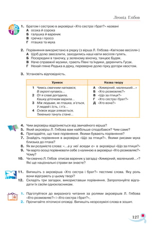 127
Леонід Глібов
1.	 Братом і сестрою в акровірші «Хто сестра і брат?» названі
А	 осока й сорока
Б	 галушка й вареник
В	 гречка і просо
Г	 пташка та муха
2.	 Порівняння використано в рядку (з вірша Л. Глібова «Квіткове весілля»)
А	 Щоб долю звеселити, заходились наші квіти весілля гулять.
Б	 Посередині в таночку, у зеленому віночку, танцює Будяк.
В	 Наче справжнії музики, грають Півні та Індики, деренчить Гусак.
Г	 Нехай гляне Редька в дірку, переверне долю гірку догори хвостом.
3.	 Установіть відповідність.
	
	
4.	 Чим акровірш відрізняється від звичайного вірша?
5.	 Який акровірш Л. Глібова вам найбільше сподобався? Чим саме?
6.	 Пригадайте, що таке порівняння. Якими бувають порівняння?
7.	 Знайдіть порівняння в акровірші «Що за птиця?». Якими рисами муха
близька до птаха?
8.	 Як ви розумієте слова: «...а у неї всюди є» в акровірші «Що за птиця?»
9.	 Чи варто осоці порівнювати себе з калиною в акровірші «Хто розмовляє?»
Чому?
10.	 Чи смачно Л. Глібов описав вареник у загадці «Химерний, маленький...»?
Які ще національні страви ви знаєте?
11.	 Випишіть з акровірша «Хто сестра і брат?» пестливі слова. Яку роль
вони відіграють у цьому творі?
12.	 Складіть три загадки, використавши порівняння. Запропонуйте відга­
дати їх своїм однокласникам.
1.	 Підготуйтеся до виразного читання за ролями акровіршів Л. Глібова
«Хто розмовляє?» і «Хто сестра і брат?».
2.	 Прочитайте літописні оповіді. Випишіть незрозумілі слова в зошит.
Ури­
вок Наз­
ва тво­
ру
1	 Чимсь смач­
ним нап­
хав­
ся,
		 В ок­
ро­
пі ку­
павсь…
2	 От я сла­
ві до­
го­
ди­
ла,
		 Каш­
ку ді­
точ­
кам ва­
ри­
ла…
3	 Між лю­
дьми, як пташ­
ка, в’єть­
ся,
		 У лю­
дей і їсть, і п’є…
4	 Сні­
жок во­
ди зля­
ка­
єть­
ся,
		 Ти­
хень­
ко та­
нуть ста­
не…
А	 «Хи­
мер­
ний, ма­
лень­
кий...»
Б	 «Хто роз­
мов­
ляє?»
В	 «Що за пти­
ця?»
Г	 «Хто сес­
тра і брат?»
Д	 «Хто во­
на?»
 