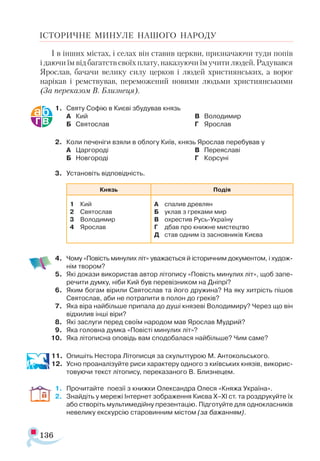 136
ІСТОРИЧНЕ МИНУЛЕ НАШОГО НАРОДУ
І в інших містах, і селах він ставив церкви, призначаючи туди попів
ідаючиїмвідбагатствсвоїхплату,наказуючиїмучитилюдей.Радувався
Ярослав, бачачи велику силу церков і людей християнських, а ворог
нарікав і ремствував, переможений новими людьми християнськими
(За переказом В. Близнеця).
1.	 Святу Софію в Києві збудував князь
А	 Кий
Б	 Святослав
В	 Володимир
Г	 Ярослав
2.	 Коли печеніги взяли в облогу Київ, князь Ярослав перебував у
А	 Царгороді
Б	 Новгороді
В	 Переяславі
Г	 Корсуні
3.	 Установіть відповідність.
4.	 Чому «Повість минулих літ» уважається й історичним документом, і худож-
нім твором?
5.	 Які докази використав автор літопису «Повість минулих літ», щоб запе­
речити думку, ніби Кий був перевізником на Дніпрі?
6.	 Яким богам вірили Святослав та його дружина? На яку хитрість пішов
Святослав, аби не потрапити в полон до греків?
7.	 Яка віра найбільше припала до душі князеві Володимиру? Через що він
відхилив інші віри?
8.	 Які заслуги перед своїм народом мав Ярослав Мудрий?
9.	 Яка головна думка «Повісті минулих літ»?
10.	 Яка літописна оповідь вам сподобалася найбільше? Чим саме?
11.	 Опишіть Нестора Літописця за скульптурою М. Антокольського.
12.	 Усно проаналізуйте риси характеру одного з київських князів, викорис­
товуючи текст літопису, переказаного В. Близнецем.
1.	 Прочитайте поезії з книжки Олександра Олеся «Княжа Україна».
2.	 Знайдіть у мережі Інтернет зображення Києва Х–ХІ ст. та роздрукуйте їх
або створіть мультимедійну презентацію. Підготуйте для однокласників
невелику екскурсію старовинним містом (за бажанням).
Князь По­
дія
1	 Кий
2	 Свя­
тос­
лав
3	 Во­
ло­
ди­
мир
4	 Ярос­
лав
А	 спа­
лив древ­
лян
Б	 ук­
лав з гре­
ка­
ми мир
В	 ох­
рес­
тив Русь-Україну
Г	 дбав про книж­
не мис­
тец­
тво
Д	 став од­
ним із зас­
нов­
ни­
ків Ки­
є­
ва
 