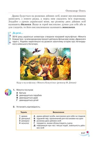 157
Олександр Олесь
Драма будується на розмовах дійових осіб, кожне висловлювання
записують з нового рядка, а перед ним указують ім’я персонажа.
Згадайте з уроків української мови, що розмову двох дійових осіб
називають діалогом. Якщо ж герой висловлює думки для себе або ж
для глядачів, то його висловлювання називають монологом.
До речі…
2016 року українські аніматори створили яскравий мультфільм «Микита
Ко­
жу­
м’яка» (у міжнародному прокаті цей мультфільм має назву «Драконячі
чари»). Радимо переглянути на дозвіллі захопливу історію про легендар­
ного київського богатиря.
1.	 Микита послухав
А	 Батька
Б	 дванадцятьох парубків
В	 дванадцятьох дідів
Г	 дванадцятьох дітей
2.	 Установіть відповідність.
Кадр із мультфільму «Микита Кожум’яка» (режисер М. Депоян)
Термін Визначення
1	 дра­
ма
2	 де­
ко­
ра­
ції
3	 ре­
мар­
ки
4	 мо­
но­
ло­
г
А		 дум­
ки ді­
йо­
вої осо­
би, вис­
лов­
ле­
ні для се­
бе чи гля­
да­
чів
Б		 ху­
дож­
ній твір, приз­
на­
че­
ний для пос­
та­
нов­
ки на сце­
ні
В		 роз­
мо­
ва двох ді­
йо­
вих осіб
Г		 пред­
ме­
ти, яки­
ми об­
лаш­
то­
ву­
ють сце­
ну
Д		 ін­
фор­
ма­
ція про час і міс­
це по­
дій, зов­
ніш­
ність ді­
йо­
вих осіб
 