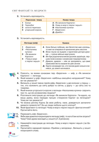 18
СВІТ ФАНТАЗІЇ ТА МУДРОСТІ
2.	 Установіть відповідність.
3.	 Установіть відповідність.
4.	 Поясніть, за якими ознаками твір «Берегиня» — міф, а «Як виникли
Карпати» — легенда.
5.	 Який момент у міфі «Берегиня» найбільш емоційно напружений? Чому
ви так уважаєте?
6.	 Випишіть у зошит імена героїв міфу «Берегиня» у дві колонки: у першу —
тих, хто належить до світу добра та світла, у другу — до світу зла та
темряви.
7.	 Який вчинок угорського короля з легенди «Неопалима купина» свідчить
про те, що він розважлива людина?
8.	 Розгляньте ілюстрацію до легенди «Як виникли Карпати». Чи вдало, на
вашу думку, вона передає процес створення Карпат за легендою?
Чому ви так уважаєте?
9.	 Чи можна репліку Карпа За мою роботу, пане, доведеться заплатити
уважати зухвалістю? За що люди любили цього хлопця?
10.	 Який фрагмент із легенди «Чому в морі є перли і мушлі» фантастичний?
Прочитайте його.
11.	 Перекажіть міф «Берегиня».
12.	 Якби вам довелося екранізувати легенду (міф), то кого б ви хотіли зіграти?
Чому? Свої думки викладіть у зошиті (2–3 речення).
1.	 Намалюйте ілюстрацію до легенди «Чому в морі є перли і мушлі» (за ба-
жанням).
2.	 Прочитайте народний переказ «Прийом у запорожці». Випишіть у зошит
незрозумілі слова.
Ле­
ген­
да (міф) Ури­
вок
1	 «Бе­
ре­
ги­
ня»
2	 «Не­
о­
па­
ли­
ма
	 ку­
пи­
на»
3	 «Як ви­
ник­
ли
	 Кар­
па­
ти»
4	 «Чо­
му в мо­
рі
	 є пер­
ли і мушлі»
А		Ко­
ли бать­
ко по­
ба­
чив, яке ба­
гатс­
тво має хло­
пець,
то вже не опи­
рав­
ся й при­
зна­
чив день ве­
сіл­
ля.
Б		Во­
на піш­
ла на яще­
рів з під­
ня­
ти­
ми до­
го­­
ри ру­
ка­
ми — і гріз­
не вій­
сько від­
сту­
пи­
ло.
В		Він був ро­
до­
на­
чаль­
ни­
ком ру­
синів­­
ук­
ра­
їн­
ців, пер­
шим їх­
нім кня­
зем і нез­
мін­
ним по­
кро­
ви­
те­
лем.
Г		Ду­
ма­
ли, ду­
ма­
ли — ні­
як не зро­
зу­
мі­
ють, що са­
ме
за­
хис­
ни­
ки міс­
та ска­
за­
ли їм цим зе­
лом.
Д		Кар­
по не­
на­
ви­
дів тих, хто па­
но­
ві ду­
же низь­
ко кла­
няв­
ся, до зем­
лі на­
ги­
нав­
ся.
Персонаж тво­
ру­ Наз­
ва тво­
ру
1	 Си­
лун
2	 Чор­
но­
бог
3	 зо­
ло­
та че­
ре­
па­
ха
4	 угор­
ський ко­
ро­
ль
А	 «Як ви­
ник­
ли Кар­
па­
ти»
Б	 «Чо­
му в мо­
рі є пер­
ли і муш­
лі»
В	«Не­
о­
па­
ли­
ма ку­
пи­
на»
Г	 «Бе­
ре­
ги­
ня»
Д	«Даж­
бог»
 