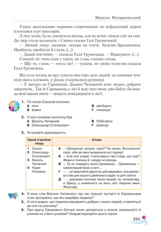235
Микола Вінграновський
Унизу маленькими чорними стовпчиками по асфальтовій дорозі
плентався гурт школярів.
З лісу хотів, було, посвітити місяць, але не встиг: пішов сніг на сніг.
До лиж стало налипати, і Сашко сказав Галі Грушецькій:
— Знімай лижу, налипає, візьми на плече. Будемо брьохкатися.
Пройшли, пройшли й стали. (…)
— Давай постоїмо, — сказала Галя Грушецька. — Важкувато. (…)
Сонний ліс тихо спав у таких, як і сам, сонних снігах.
— Що то, глянь — хтось іде! — чужим, не своїм голосом сказала
Галя Грушецька.
Від села полем до яру сунуло шестеро душ людей, за спинами тем­
ніли якісь клумаки, у руках угадувалися рушниці.
— У засідку на Сіроманця. Дядько Чепіжний хоче, видно, добряче
змерзнути... Так їх Сіроманець у лісі й жде: нате мене, уже бийте, бо шко-
да мені ваших носів — можуть повідмерзати в лісі!..
1.	 По ночах Сашкові снилися
А	 ліси
Б	 вовки
В	 айсберги
Г	 глинища
2.	 У селі головою колгоспу був
А	 Василь Чепіжний
Б	 Олександр Степанович
В	 Побігайло
Г	 Шевчук
3.	 Установіть відповідність.
Герой (героїня)
твору
Слова
1	 Сашко
2	 Олександр
Степанович
3	 Василь
Чепіжний
4	 Надія
Петрівна
А	 — Сіроманця зачули, герої? Чи, може, безталання
своє, аби ви мені виздихали всі підряд!
Б	 — А як сніг упаде, стане видно твої сліди, що тоді?
Живи в глинищі й нікуди не виходь.
В	 — Та не знайдуть вони Сіроманця... Сіроманець —
найхитріший вовк у світі...
Г	 — …не звертайте уваги на цей мікрофон, але декіль-
ка слів для нашого районного радіо та для газети.
Д	 — …держава посилає таких людей, ну, наприклад,
в Одесу, у знамениту на весь світ лікарню імені
Філатова.
4.	 З яких слів Василя Чепіжного під час першої зустрічі із Сіроманцем
стає зрозуміло, що він недобра людина?
5.	 З чого видно, що тварини відчувають добрих і лихих людей, ставляться
до них по-різному?
6.	 Про вдачу Сашкового батька читач дізнається з описів зовнішності й
учинків чи з його розмов? Охарактеризуйте цього героя.
 