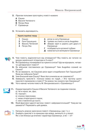249
Микола Вінграновський
2.	 Піратом польових просторів у повісті названо
А	 Сашка
Б	 Василя Чепіжного
В	 Петра Ляха
Г	 Сіроманця
3.	 Установіть відповідність.
Герой (героїня) твору Учинок
1	 Сашко
2	 Галя Грушецька
3	 Василь Чепіжний
4	 Петро Лях
А	 рятує в снігу Сіроманця
Б	 тримає на спині в снігах Андрійка
В	 збирає харчі в дорогу для друга й
Сіроманця
Г	 позбувається купленої собаки
Д	 намагається вилікувати Сіроманця
4.	 Чим повість відрізняється від оповідання? Яку повість ви читали на
уроках української літератури в 5 класі?
5.	 Як Сіроманець поневірявся на чужині в снігах? Що ви відчували, читаю­
чи цей фрагмент повісті?
6.	 Як військові поставилися до Сіроманця? Чим Андрійко схожий на
Сашка?
7.	 Як ви вважаєте, які Сашкові риси вдачі сподобалися Галі Грушецькій?
Якою ви побачили Галю?
8.	 Чим близький вам Сашко? Яких його вчинків ви не схвалюєте?
9.	 Завершіть прислів’я: «Скільки вовка не годуй…» Хто частину цього
прислів’я промовляє в повісті? Чи можна так сказати про Сіроманця?
10.	 Чого навчає читачів повість М. Вінграновського «Сіроманець»?
11.	 Охарактеризуйте Сашка й Василя Чепіжного за поданим планом.
	 а) Ім’я героя, вік, фах;
	 б) портрет;
	 в) вчинки персонажа;
	 г) мова літературного героя;
	 ґ) моє ставлення до нього.
12.	 Який фрагмент другої частини повісті найромантичніший? Чому ви так
уважаєте? Перекажіть цей уривок.
1.	 Напишіть власне закінчення повісті «Сіроманець» (до 1 с.).
2.	 Знайдіть прислів’я та приказки про вовка, випишіть їх у зошит.
	 Які з них близькі до вчинків і характеру Сіроманця, а які — ні?
 