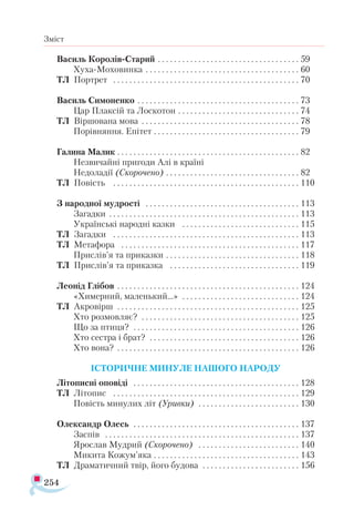 254
Зміст
Василь Королів-Старий. . . . . . . . . . . . . . . . . . . . . . . . . . . . . . . . . . .  59
Хуха-Моховинка. . . . . . . . . . . . . . . . . . . . . . . . . . . . . . . . . . . . . .  60
ТЛ Портрет . . . . . . . . . . . . . . . . . . . . . . . . . . . . . . . . . . . . . . . . . . . . . .  70
Василь Симоненко. . . . . . . . . . . . . . . . . . . . . . . . . . . . . . . . . . . . . . . .  73
Цар Плаксій та Лоскотон. . . . . . . . . . . . . . . . . . . . . . . . . . . . . .  74
ТЛ Віршована мова . . . . . . . . . . . . . . . . . . . . . . . . . . . . . . . . . . . . . . .  78
Порівняння. Епітет . . . . . . . . . . . . . . . . . . . . . . . . . . . . . . . . . . . .  79
Галина Малик. . . . . . . . . . . . . . . . . . . . . . . . . . . . . . . . . . . . . . . . . . . . .  82
Незвичайні пригоди Алі в країні
Недоладії (Скорочено) . . . . . . . . . . . . . . . . . . . . . . . . . . . . . . . . .  82
ТЛ Повість . . . . . . . . . . . . . . . . . . . . . . . . . . . . . . . . . . . . . . . . . . . . . .  110
З народної мудрості . . . . . . . . . . . . . . . . . . . . . . . . . . . . . . . . . . . . . .  113
Загадки . . . . . . . . . . . . . . . . . . . . . . . . . . . . . . . . . . . . . . . . . . . . . . .  113
Українські народні казки . . . . . . . . . . . . . . . . . . . . . . . . . . . . .  115
ТЛ Загадки . . . . . . . . . . . . . . . . . . . . . . . . . . . . . . . . . . . . . . . . . . . . . .  113
ТЛ Метафора . . . . . . . . . . . . . . . . . . . . . . . . . . . . . . . . . . . . . . . . . . . .  117
Прислів’я та приказки . . . . . . . . . . . . . . . . . . . . . . . . . . . . . . . . .  118
ТЛ Прислів’я та приказка . . . . . . . . . . . . . . . . . . . . . . . . . . . . . . . .  119
Леонід Глібов . . . . . . . . . . . . . . . . . . . . . . . . . . . . . . . . . . . . . . . . . . . . .  124
«Химерний, маленький...» . . . . . . . . . . . . . . . . . . . . . . . . . . . . .  124
ТЛ Акровірш . . . . . . . . . . . . . . . . . . . . . . . . . . . . . . . . . . . . . . . . . . . . .  125
Хто розмовляє? . . . . . . . . . . . . . . . . . . . . . . . . . . . . . . . . . . . . . . .  125
Що за птиця? . . . . . . . . . . . . . . . . . . . . . . . . . . . . . . . . . . . . . . . . .  126
Хто сестра і брат? . . . . . . . . . . . . . . . . . . . . . . . . . . . . . . . . . . . . .  126
Хто вона? . . . . . . . . . . . . . . . . . . . . . . . . . . . . . . . . . . . . . . . . . . . . .  126
ІСТОРИЧНЕ МИНУЛЕ НАШОГО НАРОДУ
Літописні оповіді . . . . . . . . . . . . . . . . . . . . . . . . . . . . . . . . . . . . . . . . .  128
ТЛ Літопис . . . . . . . . . . . . . . . . . . . . . . . . . . . . . . . . . . . . . . . . . . . . . .  129
Повість минулих літ (Уривки) . . . . . . . . . . . . . . . . . . . . . . . . .  130
Олександр Олесь . . . . . . . . . . . . . . . . . . . . . . . . . . . . . . . . . . . . . . . . .  137
Заспів . . . . . . . . . . . . . . . . . . . . . . . . . . . . . . . . . . . . . . . . . . . . . . . .  137
Ярослав Мудрий (Скорочено) . . . . . . . . . . . . . . . . . . . . . . . . .  140
Микита Кожум’яка . . . . . . . . . . . . . . . . . . . . . . . . . . . . . . . . . . . .  143
ТЛ Драматичний твір, його будова . . . . . . . . . . . . . . . . . . . . . . . .  156
 