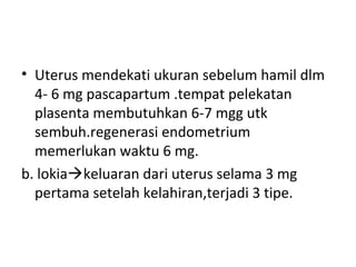 • Uterus mendekati ukuran sebelum hamil dlm
4- 6 mg pascapartum .tempat pelekatan
plasenta membutuhkan 6-7 mgg utk
sembuh.regenerasi endometrium
memerlukan waktu 6 mg.
b. lokiakeluaran dari uterus selama 3 mg
pertama setelah kelahiran,terjadi 3 tipe.
 