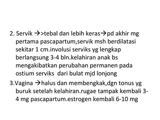 2. Servik >tebal dan lebih keraspd akhir mg
pertama pascapartum,servik msh berdilatasi
sekitar 1 cm.involusi serviks yg lengkap
berlangsung 3-4 bln.kelahiran anak bs
mengakibatkan perubahan permanen pada
ostium serviks dari bulat mjd lonjong
3.Vagina halus dan membengkak,dgn tonus yg
buruk setelah kelahiran.rugae tampak kembali 3-
4 mg pascapartum.estrogen kembali 6-10 mg
 