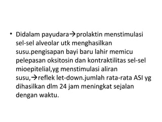 • Didalam payudaraprolaktin menstimulasi
sel-sel alveolar utk menghasilkan
susu.pengisapan bayi baru lahir memicu
pelepasan oksitosin dan kontraktilitas sel-sel
mioepitelial,yg menstimulasi aliran
susu,reflek let-down.jumlah rata-rata ASI yg
dihasilkan dlm 24 jam meningkat sejalan
dengan waktu.
 