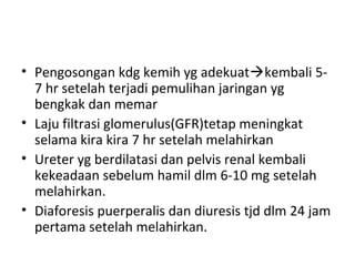 • Pengosongan kdg kemih yg adekuatkembali 5-
7 hr setelah terjadi pemulihan jaringan yg
bengkak dan memar
• Laju filtrasi glomerulus(GFR)tetap meningkat
selama kira kira 7 hr setelah melahirkan
• Ureter yg berdilatasi dan pelvis renal kembali
kekeadaan sebelum hamil dlm 6-10 mg setelah
melahirkan.
• Diaforesis puerperalis dan diuresis tjd dlm 24 jam
pertama setelah melahirkan.
 