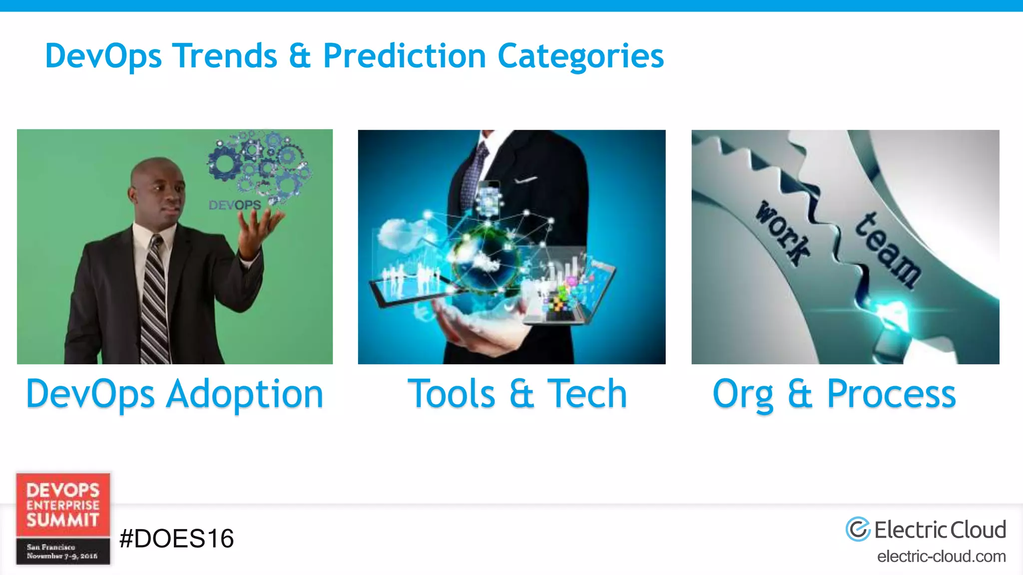 electric-cloud.com
#DOES16
DevOps Trends & Prediction Categories
Org & ProcessDevOps Adoption Tools & Tech
 