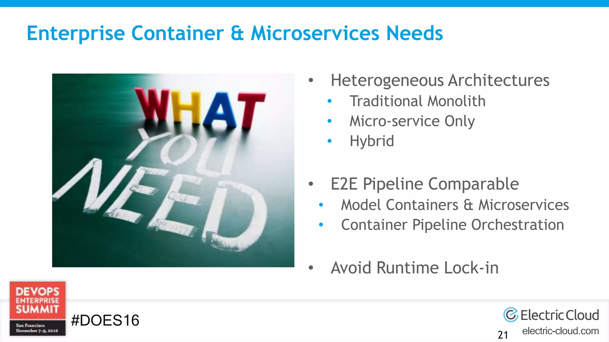electric-cloud.com
#DOES16
Enterprise Container & Microservices Needs
• Heterogeneous Architectures
• Traditional Monolith
• Micro-service Only
• Hybrid
• E2E Pipeline Comparable
• Model Containers & Microservices
• Container Pipeline Orchestration
• Avoid Runtime Lock-in
21
 