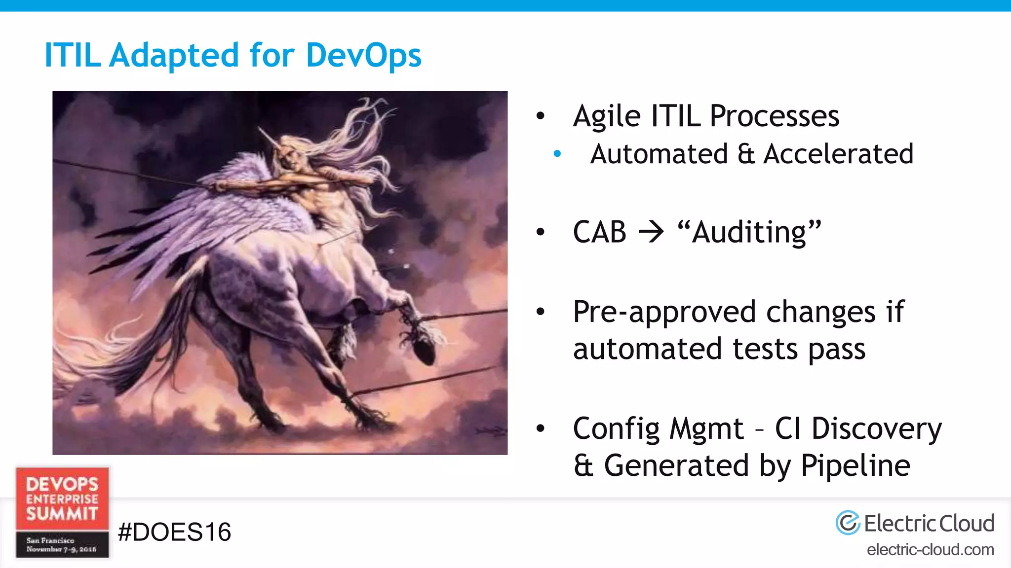 electric-cloud.com
#DOES16
ITIL Adapted for DevOps
• Agile ITIL Processes
• Automated & Accelerated
• CAB  “Auditing”
• Pre-approved changes if
automated tests pass
• Config Mgmt – CI Discovery
& Generated by Pipeline
 