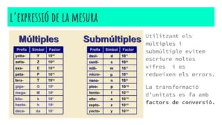 l’expressió de la mesura
Utilitzant els
múltiples i
submúltiple evitem
escriure moltes
xifres i es
redueixen els errors.
La transformació
d’unitats es fa amb
factors de conversió.
 