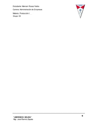 Estudiante: Mamani Rosas Yadira
Carrera: Administración de Empresas
Materia: Producción I
Grupo: 03
9
“LIBEREMOS BOLIVIA”
Mgr. José Ramiro Zapata
Barrientos
 