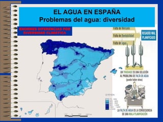 EL AGUA EN ESPAÑA
Problemas del agua: diversidad
ENORMES DIFERENCIAS POR
DIVERSIDAD CLIMÁTICA
 