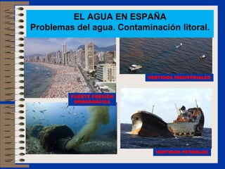 FUERTE PRESIÓN
DEMOGRÁFICA
VERTIDOS INDUSTRIALES
VERTIDOS PETRÓLEO
EL AGUA EN ESPAÑA
Problemas del agua. Contaminación litoral.
 
