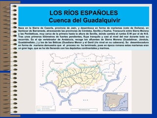 Nace en la Sierra de Cazorla, provincia de Jaén, y desemboca en forma de marismas (coto de Doñana), en
Sanlúcar de Barrameda, atravesando las provincias de Córdoba, Sevilla y Huelva. Transcurre entre Sierra Morena
y las Penibéticas, muy cerca de la primera hasta la altura de Sevilla, donde cambia el rumbo E-W por el de N-S.
Tras unos primeros kilómetros de fuertes pendientes, fluye tranquilo y casi al nivel del mar durante todo su
recorrido. Es el eje vertebrador de Andalucía, recoge los afluentes de Sierra Morena (Guadalimar, Jándula,
Guadalmellato...) y los de las Béticas (Guadiana Menor y el Genil (río nival en su cabecera). Su desembocadura
en forma de marisma demuestra que el proceso no ha terminado, pues en época romana estas marismas eran
un gran lago, que se ha ido llenando con los depósitos continentales y marinos.
LOS RÍOS ESPAÑOLES
Cuenca del Guadalquivir
 