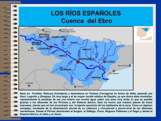 LOS RÍOS ESPAÑOLES
Cuenca del Ebro
Nace en Fontibre, Reinosa (Cantabria) y desemboca en Tortosa (Tarragona) en forma de delta, pasando por
Haro, Logroño y Zaragoza. Es muy largo y el de mayor caudal relativo de España, ya que drena altas montañas,
representando la paradoja de ser una arteria con mucha agua sobre una zona muy árida, lo que es posible
gracias a los afluentes de los Pirineos y del Sistema Ibérico. Esto ha hecho que hubiera planes de hacer
trasvases, planes que se han encontrado con la tajante oposición de los habitantes de la zona. Tiene un régimen
complejo, resultante de la alimentación pluvial de su cabecera y nivo-pluvial y pluvio-nival de los afluentes
montañosos. Desde el Pirineo descienden el Aragón, el Gállego, Cinca, Noguera Palleresa y el Segre y desde el
Sistema Ibérico, el Jalón y el Jiloca.
 