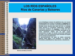 LOS RÍOS ESPAÑOLES
Ríos de Canarias y Baleares
Barranco de Masca (Tenerife)
Los archipiélagos carecen de auténticos ríos. Las causas
fundamentales son el clima y la litología. En Baleares son
característicos los torrentes, permaneciendo los cauces
fluviales secos durante gran parte del año. La litología
caliza favorece la circulación subterránea, existiendo
numerosos acuíferos. En Canarias la aridez del clima
subtropical-desértico, junto al carácter permeable de las
rocas volcánicas origina que no haya cursos
permanentes de agua. La escasa escorrentía superficial
se limita a una red de barrancos que encauzan las aguas
de las escasas precipitaciones.
El aprovechamiento del agua se realiza excavando
galerías hasta llegar a los acuíferos, o a través de
humedales, potabilizadoras, depuradoras y desaladoras.
 