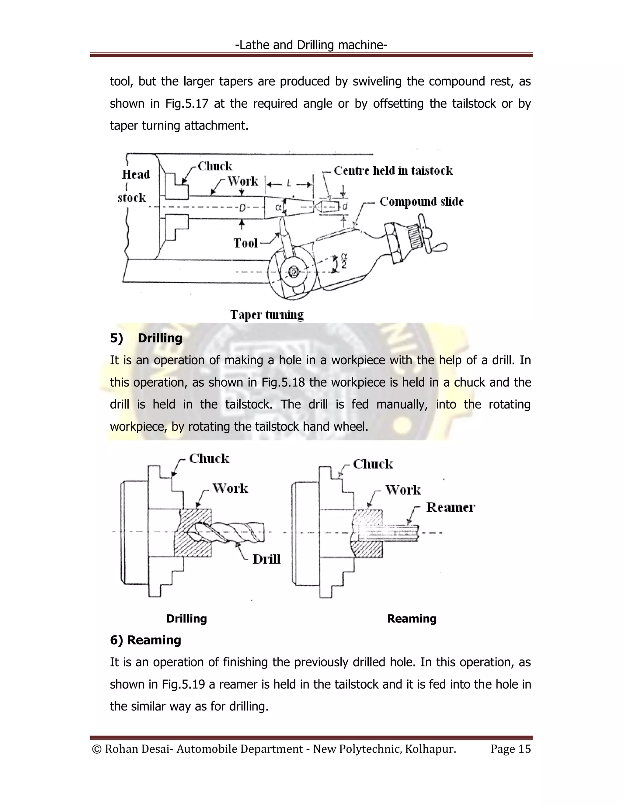 -Lathe and Drilling machine-
© Rohan Desai- Automobile Department - New Polytechnic, Kolhapur. Page 15
tool, but the larger tapers are produced by swiveling the compound rest, as
shown in Fig.5.17 at the required angle or by offsetting the tailstock or by
taper turning attachment.
5) Drilling
It is an operation of making a hole in a workpiece with the help of a drill. In
this operation, as shown in Fig.5.18 the workpiece is held in a chuck and the
drill is held in the tailstock. The drill is fed manually, into the rotating
workpiece, by rotating the tailstock hand wheel.
Drilling Reaming
6) Reaming
It is an operation of finishing the previously drilled hole. In this operation, as
shown in Fig.5.19 a reamer is held in the tailstock and it is fed into the hole in
the similar way as for drilling.
 
