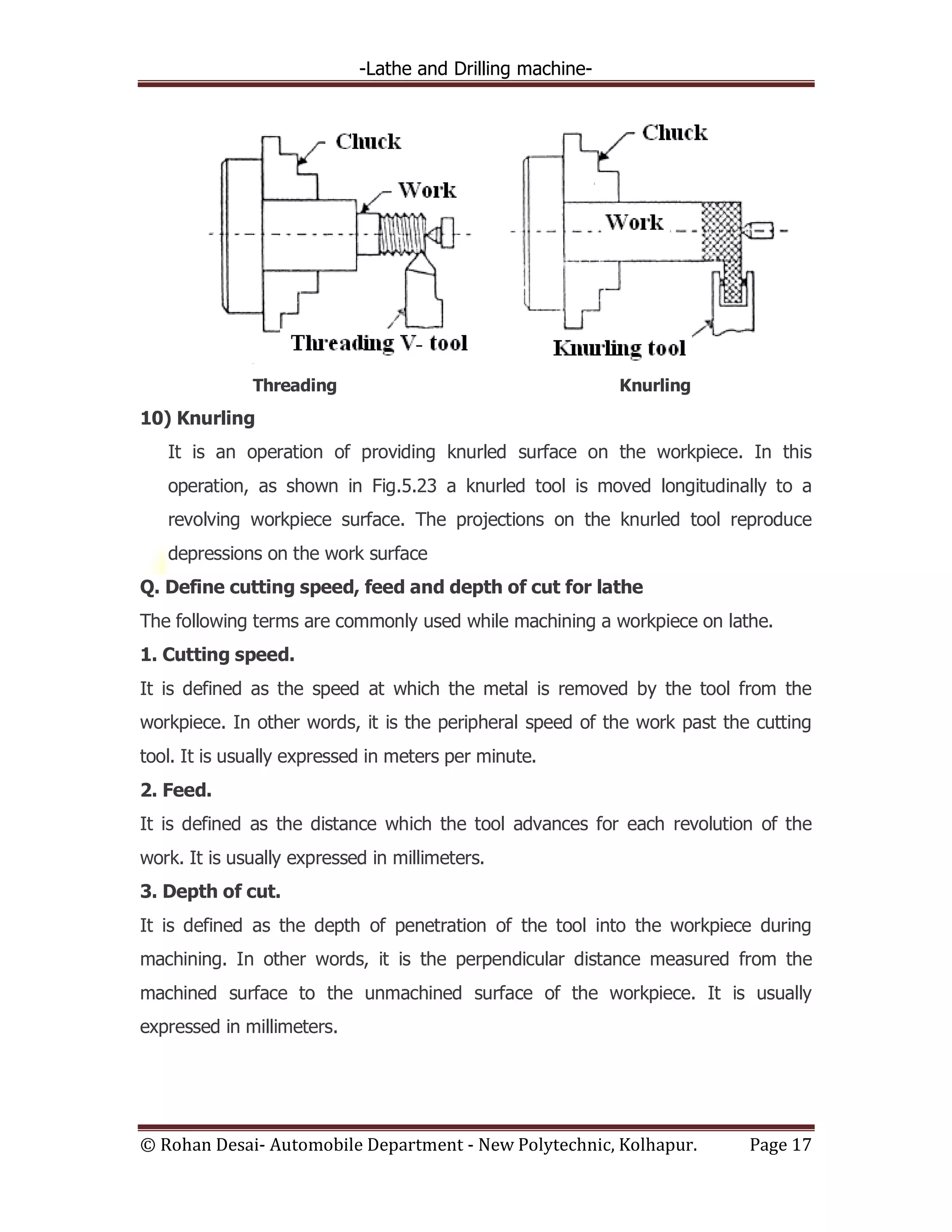-Lathe and Drilling machine-
© Rohan Desai- Automobile Department - New Polytechnic, Kolhapur. Page 17
Threading Knurling
10) Knurling
It is an operation of providing knurled surface on the workpiece. In this
operation, as shown in Fig.5.23 a knurled tool is moved longitudinally to a
revolving workpiece surface. The projections on the knurled tool reproduce
depressions on the work surface
Q. Define cutting speed, feed and depth of cut for lathe
The following terms are commonly used while machining a workpiece on lathe.
1. Cutting speed.
It is defined as the speed at which the metal is removed by the tool from the
workpiece. In other words, it is the peripheral speed of the work past the cutting
tool. It is usually expressed in meters per minute.
2. Feed.
It is defined as the distance which the tool advances for each revolution of the
work. It is usually expressed in millimeters.
3. Depth of cut.
It is defined as the depth of penetration of the tool into the workpiece during
machining. In other words, it is the perpendicular distance measured from the
machined surface to the unmachined surface of the workpiece. It is usually
expressed in millimeters.
 