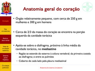 Anatomia do sistema circulatório
Anatomia geral do coração
Coração
Vias
circulatórias
Aorta e
seus ramos
Veias da
circulação
sistêmica
Sistema
porta
hepática
● Órgão relativamente pequeno, com cerca de 250 g em
mulheres e 300 g em homens
● Cerca de 2/3 da massa do coração se encontra na porção
esquerda da cavidade torácica
● Apóia-se sobre o diafragma, próximo à linha média da
cavidade torácica, no mediastino
– Região se estende do esterno à coluna vertebral; da primeira costela
ao diafragma; e entre os pulmões
– Coberto de cada lado pela pleura mediastinal
Circulação
pulmonar
 