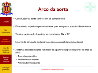 Anatomia do sistema circulatório
Arco da aorta
●
Continuação da aorta com 4-5 cm de comprimento
●
Direcionado superior e posteriormente para a esquerda e então inferiormente
●
Termina na altura do disco intervertebral entre TIV e TV
●
Emerge do pericárdio posterior ao esterno no nível do ângulo esternal
●
3 artérias elásticas maiores ramificam-se a partir do aspecto superior do arco da
aorta
– Tronco braquiocefálico
– Artéria carótida esquerda
– Artéria subclávia esquerda
Coração
Vias
circulatórias
Aorta e
seus ramos
Veias da
circulação
sistêmica
Sistema
porta
hepática
Circulação
pulmonar
 