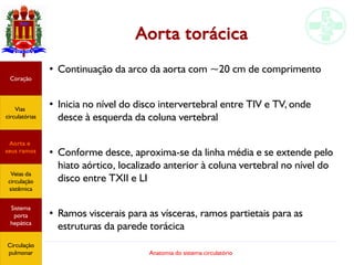 Anatomia do sistema circulatório
Aorta torácica
●
Continuação da arco da aorta com ~20 cm de comprimento
●
Inicia no nível do disco intervertebral entre TIV e TV, onde
desce à esquerda da coluna vertebral
●
Conforme desce, aproxima-se da linha média e se extende pelo
hiato aórtico, localizado anterior à coluna vertebral no nível do
disco entre TXII e LI
●
Ramos viscerais para as vísceras, ramos partietais para as
estruturas da parede torácica
Coração
Vias
circulatórias
Aorta e
seus ramos
Veias da
circulação
sistêmica
Sistema
porta
hepática
Circulação
pulmonar
 