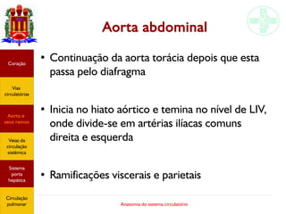 Anatomia do sistema circulatório
Aorta abdominal
● Continuação da aorta torácia depois que esta
passa pelo diafragma
●
Inicia no hiato aórtico e temina no nível de LIV,
onde divide-se em artérias ilíacas comuns
direita e esquerda
● Ramificações viscerais e parietais
Coração
Vias
circulatórias
Aorta e
seus ramos
Veias da
circulação
sistêmica
Sistema
porta
hepática
Circulação
pulmonar
 